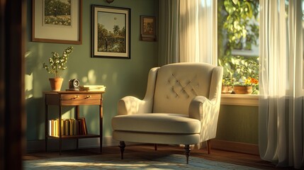 Fototapeta premium Sunlit Room Featuring Comfortable Armchair and Side Table