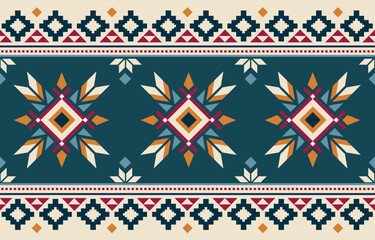 Ethnic tribal Aztec colorful blue background. Seamless tribal pattern, folk embroidery, tradition geometric Aztec ornament. Traditional design for fabric, textile, print, rug, paper