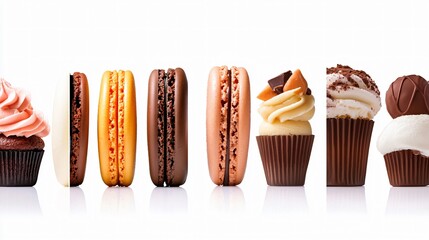 Sweet Treats Lineup: A delectable row of colorful macarons and decadent cupcakes, showcasing a delightful array of flavors and textures.  A perfect image for blogs, bakery websites.