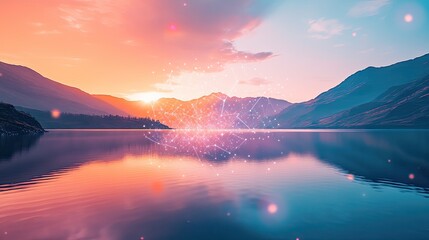 Fototapeta premium Serene Sunset Over Mountain Lake With Network Overlay