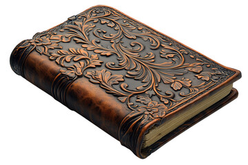 Ornately designed leather-bound book resting on a surface showcasing intricate floral patterns and craftsmanship