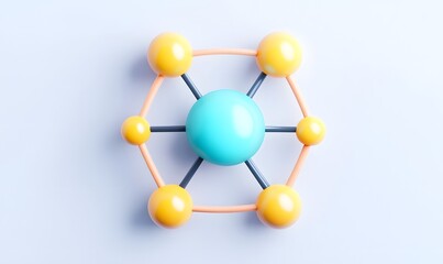 Obraz premium Abstract 3D model of a molecule with a central aqua sphere and six yellow spheres connected by gray rods on a light background.