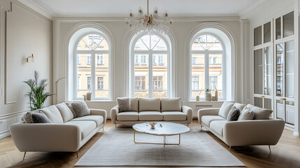 Fototapeta premium Spacious living room with neutral tones and large windows bringing in natural light.