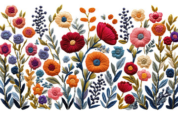 Colorful floral embroidery showcasing vibrant flowers and intricate designs in a decorative arrangement