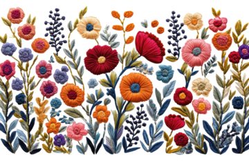 Colorful floral embroidery showcasing vibrant flowers and intricate designs in a decorative arrangement