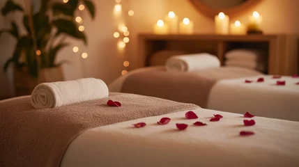 Two spa couches with rose petals, candles, towel. Nice atmosphere. Mocha Mousse. spa center, spa complex, Resot, holidays © Kos