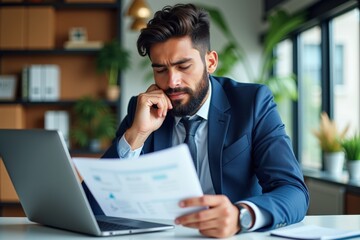 Thoughtful Young Businessman Analyzing Data on Paper While Sitting at Modern Office Desk, Reflecting on Financial Reports in Contemporary Workspace