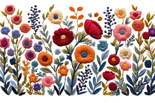 Colorful floral embroidery showcasing vibrant flowers and intricate designs in a decorative arrangement