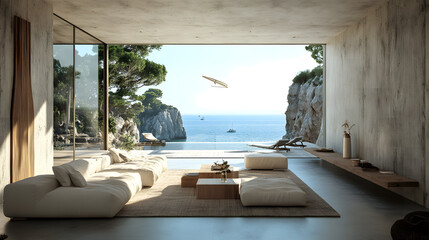 Fototapeta premium Large, open living room with modern decor and an ocean view.