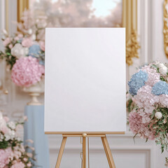 Blank white welcome sign mockup in portrait orientation, on an easel during a rococo-themed wedding party floral decorations background canvas.