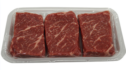 Fototapeta premium Three Raw Beef Steaks in Plastic Packaging