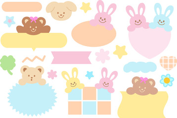 Pastel vector illustrations of teddy bear, bunny, heart pattern for cartoon characters, comic, text bubbles, pet shop, zoo, souvenir shop, animal, text, message, chat, dialogue, stickers, Valentine's
