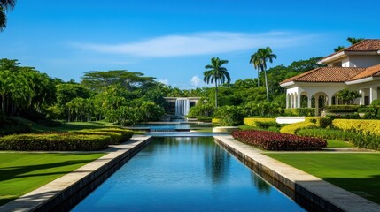 Obraz premium Tropical Resort Landscape Featuring Water Feature and Building