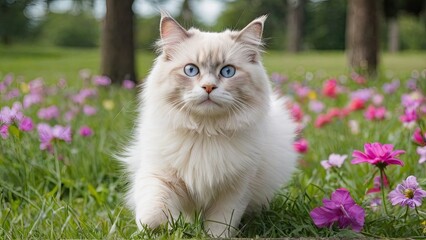 Cream point ragdoll cat in flower field
