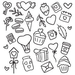 Romantic Food and Love Valentine Doodle Line BW Illustration Set