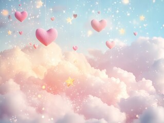 Fototapeta premium Pastel Hearts Stars Clouds Romantic Valentine s Day Background