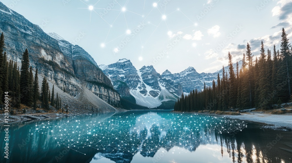 Aufkleber serene mountain lake with network overlay