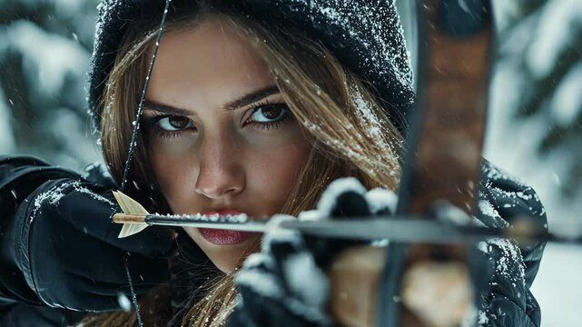 Close-up of beautiful woman with long hair wearing black winter jacket and gloves, aiming bow and arrow at target in snow, focus point is crossbow and female archer's face, 