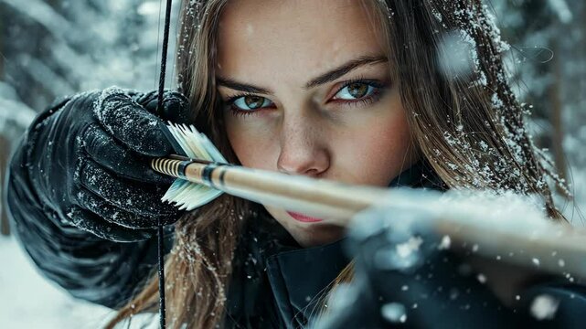 Close-up of beautiful woman with long hair wearing black winter jacket and gloves, aiming bow and arrow at target in snow, focus point is crossbow and female archer's face, 