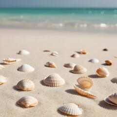 Sea shells scattered on sand near the ocean shore, calm beach scene