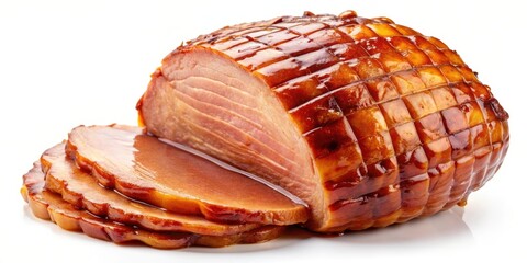 A glazed ham slice on a white background with a sticky honey glaze