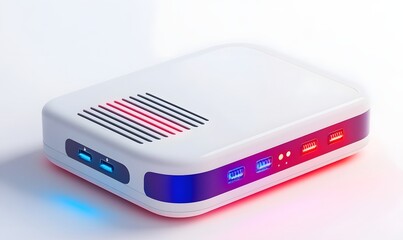 Compact white computer with blue and red lights, USB ports.