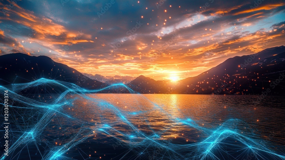 Poster sunset over mountains with digital network overlay
