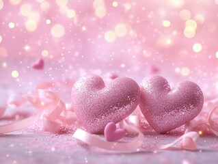 Obraz premium Romantic Pink Glitter Hearts Valentine s Day Love Romance Festive Background