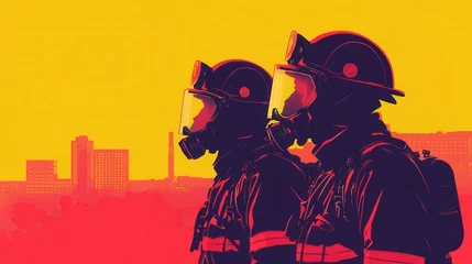  Two firefighters in protective gear stand against a vibrant sunset city skyline backdrop © Tyrah