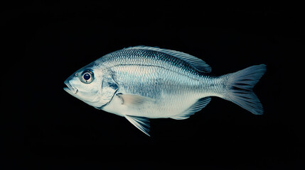 Fototapeta premium Silver Grunt in Black: A glistening silver grunt fish, its scales catching the light, stands out against a deep black background, showcasing its unique features and captivating allure. 