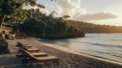 Tranquil Beach Scene With Luxury Cabanas At Sunset