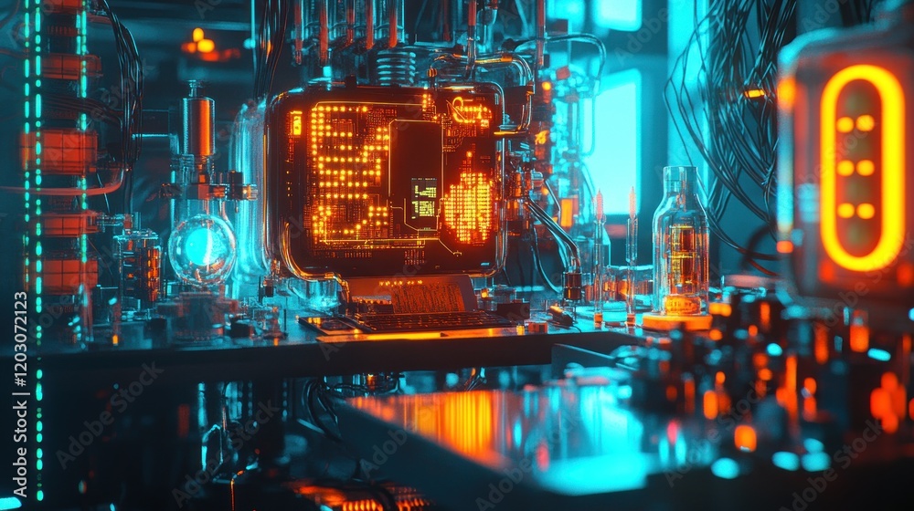 Poster futuristic laboratory workstation with glowing components