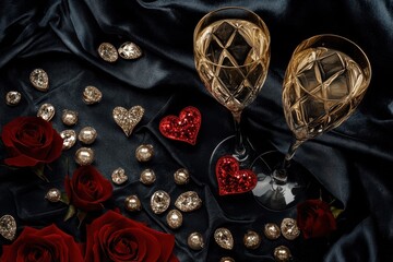 Two elegant champagne glasses sparkle beside rich red roses, creating a romantic scene on soft black fabric, perfect for celebrating love on Valentine's Day.