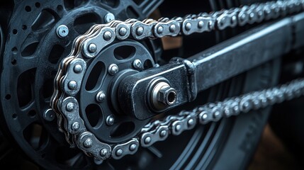 Motorcycle chain drive close-up detail.