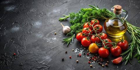 Herbs mix with tomatoes and olive oil on a black stone table , kitchen setup