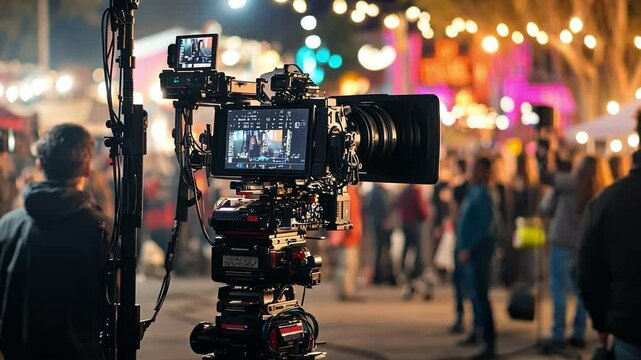 A camera is set up in the middle of a busy street with people walking by