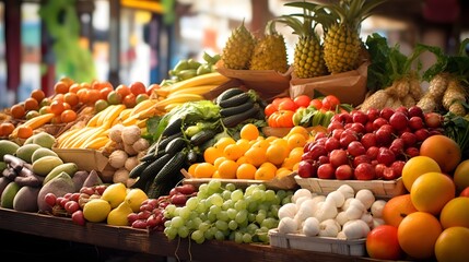 Colorful display of an abundant array of fresh locally grown fruits and vegetables at a bustling neighborhood market showcasing the bounty of the seasonal harvest