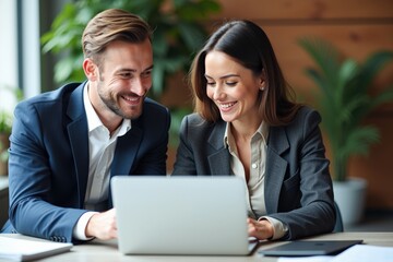 Business Partners Collaborating on a Laptop in a Modern Office Setting with Greenery, Showcasing Professional Teamwork and Innovation