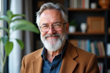 Cheerful Senior Man with Glasses and Beard Posing in Indoor Space Surrounded by Indoor Plants and Books on a Shelf, Captured in Soft Natural Light