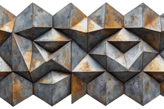 Unique geometric wall art showcases intricate three-dimensional shapes with a rustic finish in a modern interior setting