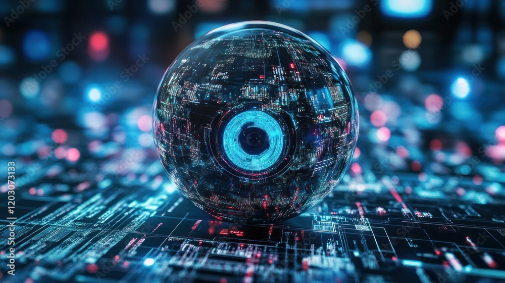 Poster Futuristic Digital Sphere on Circuit Board Display