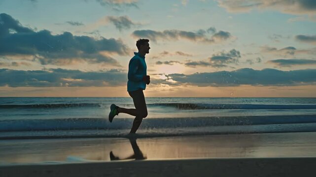 Young man running on the beach, healthy lifestyle concept. Side view. High quality, shot using Canon EOS camera.