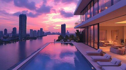 Obraz premium Luxury penthouse sunset poolside city view
