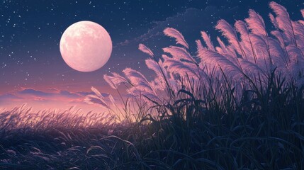 Fototapeta premium Full moon and Japanese pampas grass in midnight,The harvest Miscanthus sinensis and full moon,beautiful night sky in the countryside with the perfect pink moon exudes beauty in the dark.