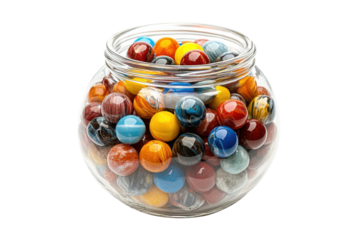 Colorful marbles collected in a glass jar with various patterns and shades displayed prominently