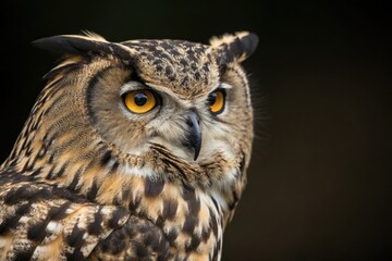 Fototapeta premium Close-up of the owl's face with sharp eyes staring directly into the camera, great horned owl features, beak shape, closeup portrait, animal eyes, bird behavior