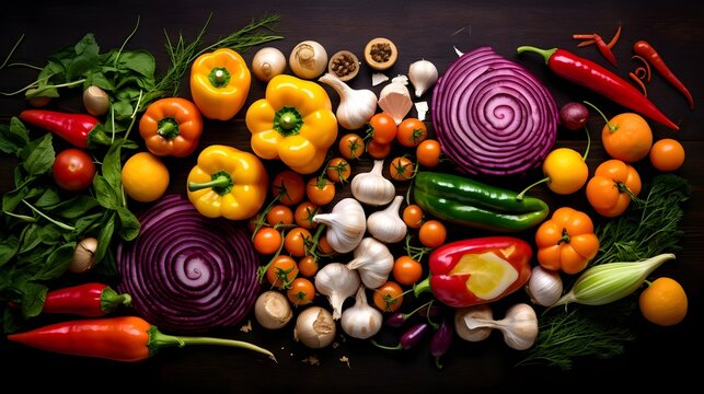Colorful arrangement of fresh bell peppers onions and garlic ready for a delicious home cooked meal or recipe development