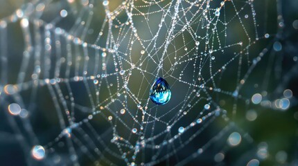 Naklejka premium Close-up of a single blue water drop on a spider's web , spider webs, macro photography, insect details, arachnid images