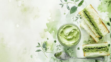 Obraz premium Watercolor set of Iced matcha latte in a glass, spoon with creamy green tea butter,isolated white background,menu matcha cafe,Japanese matcha latte,matcha tea,copy space.