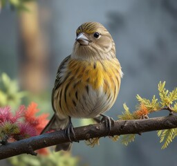 Naklejka premium Close-up of a female Eurasian siskin perched on a branch, with colorful feathers and vibrant colors, vibrant, feathers